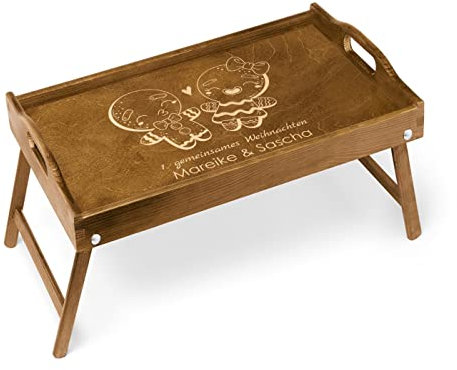 Maverton Betttablett mit Gravur - personalisiert - Sofatisch mit Griffen - klappbar - mit erhöhtem Rand - Dunkelbraun - Lebkuchen