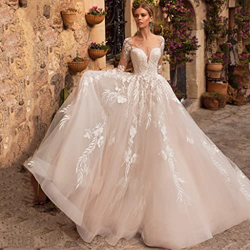 Abiti da Sposa A Manica Lunga da Donna Abiti da Sposa Lunghi con Elegante Scollatura A V sul Retro Abito da Sposa in Pizzo Nudo con Applique - Avorio White 40
