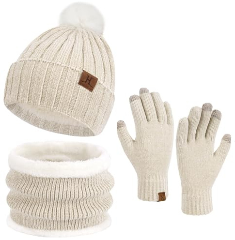 ZASFOU Damen Winter Beanie Mützen Schal Touchscreen Handschuhe Set Chenille Strick Wintermütze Winterhandschuhe Loop Schal,Beige
