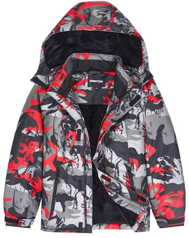 UMMTOM Boys Waterproof Ski Jacket Warm Winter Fleece Snow Coat Kids Outdoor Hooded Snowboard Jacket (Red Camouflage,4-5)