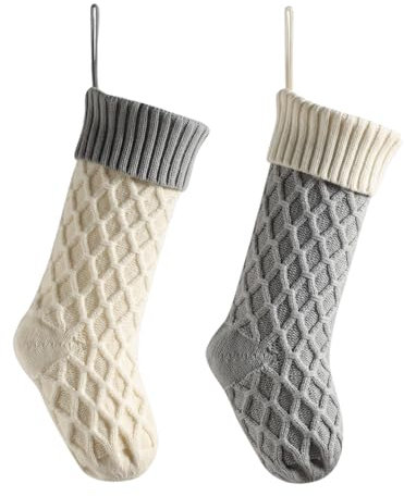 Hixingo Weihnachtsstrumpf Personalisiert 2er, 46cm Große Klassische Gestrickt Einfarbig Nikolausstrumpf, Weihnachtssocken zum Aufhängen und Befüllen Kamin Weihnachtsbaum Deko (weiß grau)