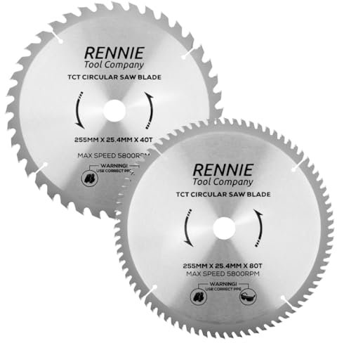 Rennie Tools 2 Pack - 255mm x 40T & 80T x 25.4mm Bore TCT Circular Wood Saw Blades Fits Evolution & Rage Saws
