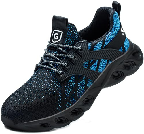 Zapatillas Deportivas Hombre Mujer Zapatos de Seguridad Ligeros con Punta de Acero Calzado de Seguridad Antideslizante Transpirable Zapatillas de Seguridad Zapatos de Senderismo Negro Azul 42 EU