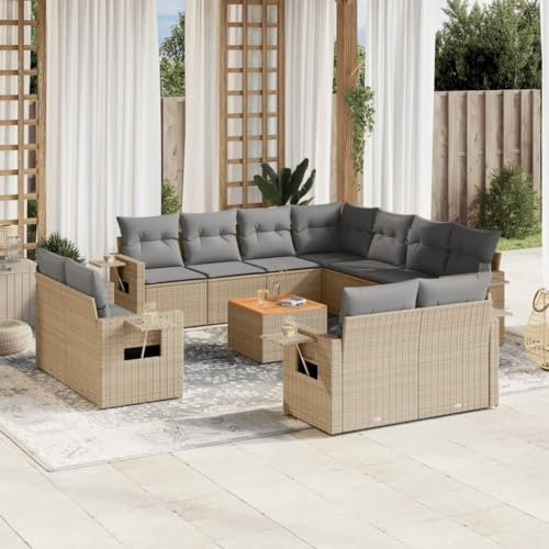 Rantry 12-TLG. Gartenmöbel Set mit Kissen Gartensofa Balkonmöbel Gartenlounge Balkonsofa Loungesofa Ecklounge Ecksofa Sitzgruppe mit Gartentisch Loungemöbel Beige Poly Rattan