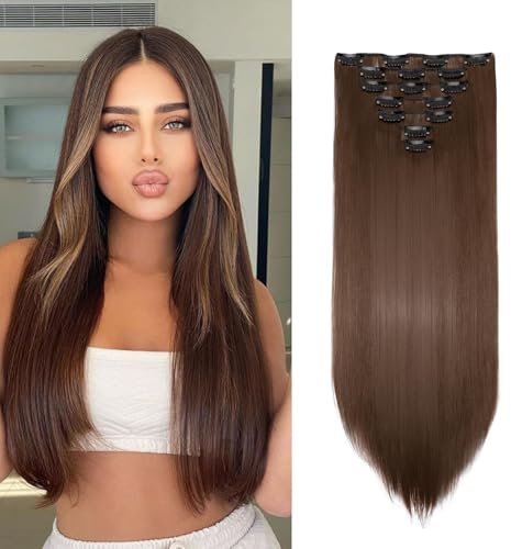 Gairyan Clip in Extensions hårförlängning, klämmor, 8 delar, set, syntetiskt hårdel, clip on hair Extensions clips, 66 cm, slätt långt balayage konsthår för flickor (guldbrun)