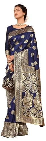 C J Enterprise Sari da donna in pura seta Banarasi Kanjivaram stile sari con camicetta pezzo per matrimonio (Nayra), Blu navy, taglia unica