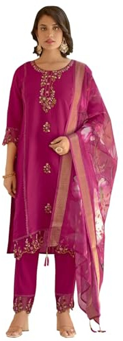 VredeVogel Women's Viscose Roman Silk Embroidered Kurta with Pant & Organga Dupatta Set (Pink_X-Large)