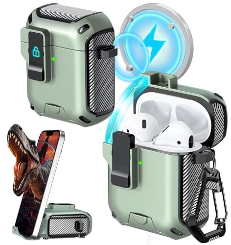 RFUNGUANGO Compatibile con Cover Custodia Airpods,Compatibile con ricarica MagSafe, pop-up automatico con clip di blocco di sicurezza,Custodia verde mela Black-Switch
