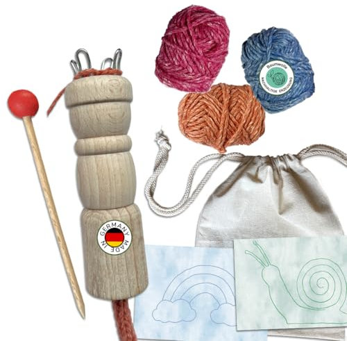 mikiprojekt® Bastelset Strickliesel, nachhaltiges Komplettset, made in Germany, Strickliesel, Strickstab, 30m Garn, Aufbewahrungsbeutel, Einfädelhilfe, 2 Bastelvorlage, plastikfrei, von 5 bis 99 Jahre