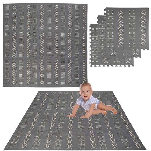 Humbi Puzzlematte aus EVA-Schaumstoff für Babys und Kinder, Krabbeldecke, Fitnessmatte, Schutzmatte, Poolmatte, Bodenschutz, 62 x 62 x 1 cm, 9 Stück, Grau mit Motiv