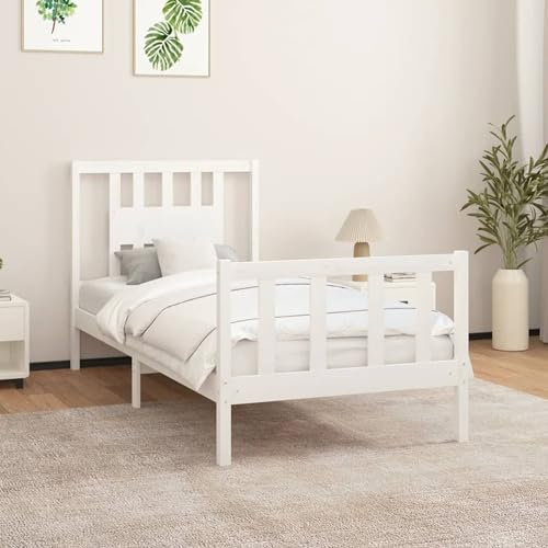 Sufrk Massivholzbett mit Kopfteil Bettgestell Bed Frame Holzbett Kopfteil Bett Schlafzimmer Bett Massivholzbetten Weiß Kiefer 90x200 cm