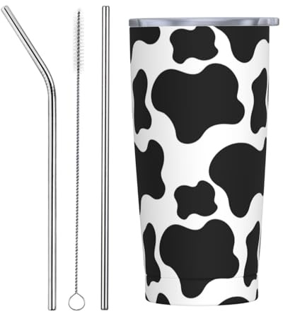 VOSERY Botella de agua de 20 onzas con tapa y popote, vaso aislado de acero inoxidable con patrón de puntos de vaca, taza de café de viaje, vaso personalizado