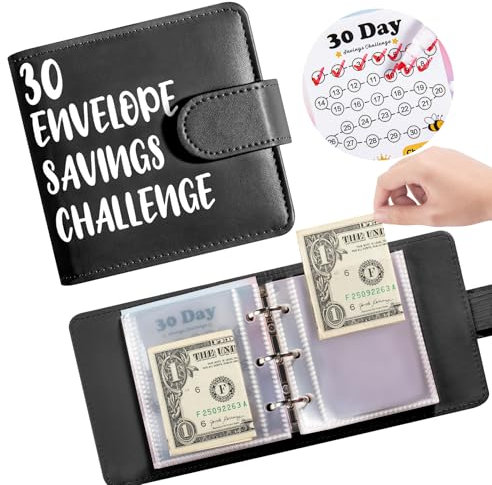 Drawelry Mini Tragbar Budget Planner, 30 Tage Budget Binder mit Cash Saving Challenge Geld Organizer Umschlägen Sparbuch, PU-Leder Money Sparen Haushaltsbuch Geschenke für Kinder Student (Schwarz)