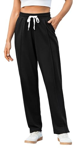 Crewhpo Pantalones Deportivos Mujer Algodón Largo Pantalón de Chándal con Bolsillos Elástica Cordón Jogger para Casual Correr Jogging Fitness