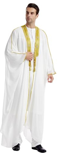 zhxinashu Djellaba Homme Marocaine - Abaya Homme Longues Chemise en Chiffon Imprimée Musulmane, Caftan Homme Rétro Décontracté Taille Large(Blanc,M)