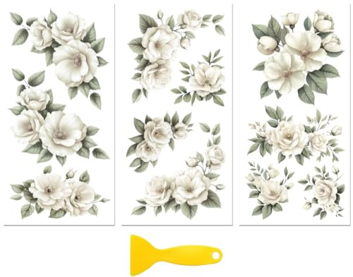 Peacoblue Aufkleber für Möbel 3Pcs Beigefarbene ElfenbeinBlumen n 15cmx30cm, UV DTF Wasserdichter Japanischer Möbelfolie-Transfer für Kommoden, Glas, Porzellan, Holz, Kunststoff | 3er Set UV DTF Transfersticker 15x30cm, Wasserfeste Dekorfolie für Möbel, Schubladen, Holz, Glas und Keramik