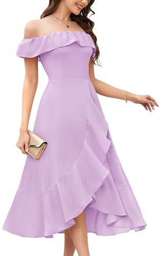 Aupuls Women Chiffon Off Shoulder Wedding Guest Dresses High Low Formal Cocktail Bridesmaid Dress Midi Evening Gown AUPG018 Lavender S