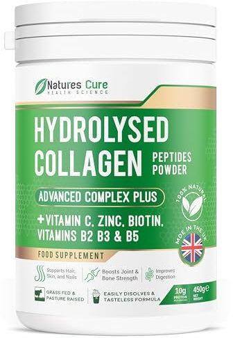 Premium Collagen Powder Complex – Bovine Collagen Peptides 450g- Enriched with Essential B Vitamins, Vitamin C, Zinc & Biotin – Pure Hydrolysed Collagen Supplement – by Natures Cure
