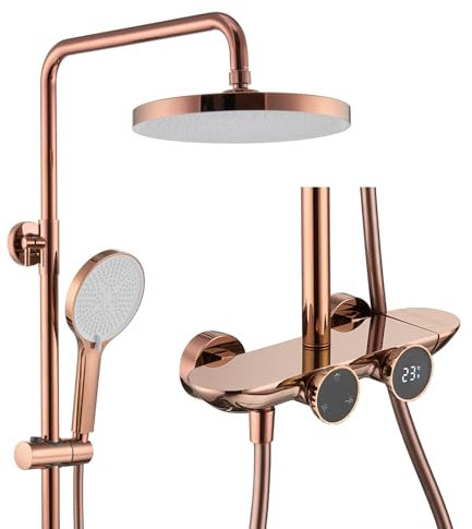 GLYYR Colonne de Douche Or Rose avec Mitigeur Monocommande, Hauteur Réglable Ensemble de Douche avec Douchette, Pommeau de Douche et Bec de Baignoire Caché, Système de Douche Mural