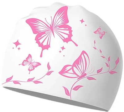 YUZHEDM Poolmössa för kvinnor, poolmössor, Touca Natação mjuk silikon, bekväm passform, extra utrymme, vattentät, elastiskt hårskydd, rosa (fjäril)