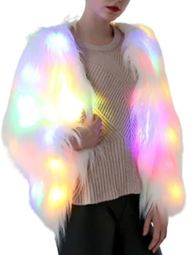 LED Light up Coat for Women, LED Jacket Women,Light up Faux Fur Top Coat, Festival Outfits(L)