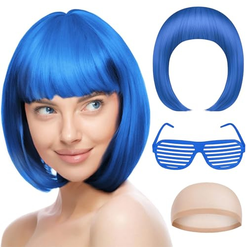 DGTSYAL Kurze Bob Perücke Set - Wig mit Haarnetz und Bunte Brille, Perrücke Frauen Kurz Blau, für Karneval, Motto Party, Cosplay, Halloween Dekorationen