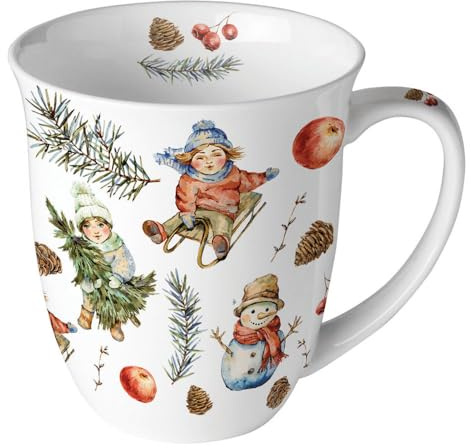 Ambiente Kaffeetasse Teetasse Becher Jumbotasse 0,4 l Fine Bone China Porzellan Nostalgie Vintage Kinder im Schnee Winter Weihnachten