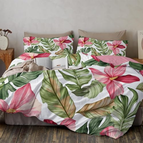 SMBHIAON Double Duvet Cover Set Monstera Deliciosa Red Hibiscus Bedding - Tropical Leaves Flowers Double Duvet Set (1X Quilt Cover, 2X Pillowcases) Soft Microfibre Pink Bedding 200×200 Cm