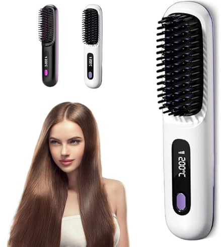 2026 Upgrade Cordless Hair Straightening Brush for Short Hair, Go Brush Pro Ceramic Heated Comb, USB Rechargeable Portable Wireless Straightener with LED Display & 3 Heat Settings for Travel (White)