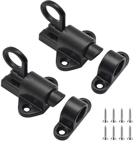 2Pcs Door Bolt Spring Latch, Black Gate Latch for Wooden Gates, Push Slide Bolt Self-Lock with 8 Screws for Garden Shed, Cabinet Door, Window, Animal Cages