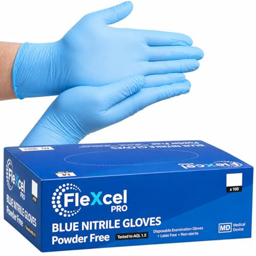 FleXcel Pro Blue Nitrile Gloves Size Medium Box of 100 – Superior Powder Free Latex Free Disposable Gloves - Medical Grade for Food Prep Cleaning & Mechanics