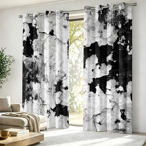 Luxfieo Abstrakt Vorhänge Schwarz Weiß Grunge Modern ästhetisch Vorhang Blickdicht Gardinen Verdunklungsvorhänge mit Ösen Thermovorhang für Wohnzimmer Schlafzimmer Fenster Deko 2er Set H 166 x B 75 cm