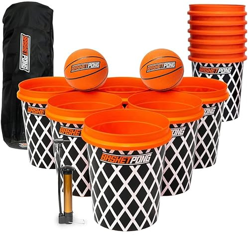 BasketPong Riesen-Hof-Pong und Basketball-Spiel mit 12 Eimern, 2 Bällen, Tragetasche und Luftpumpe – Outdoor-Spiel für Rasen, Garten, Strand und Partys