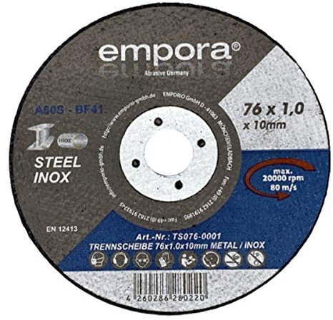 EMPORA Disque à tronçonner 76 mm pour meuleuse d'angle - Acier inoxydable et tôle métallique - Diamètre 76 mm x 1,0 mm x 10 mm - Maximum 20 000 tr/min - 80 m/s - EN. 12413