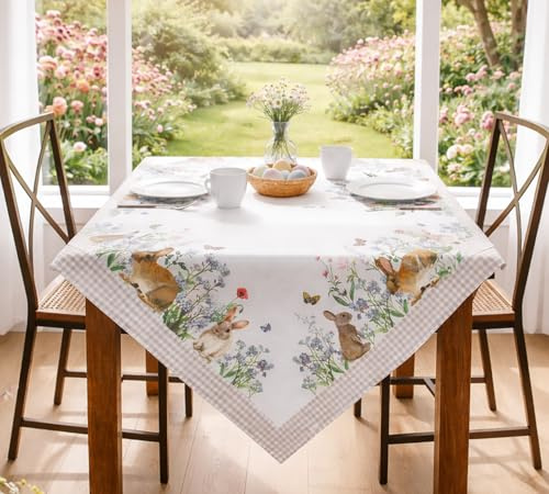 KAMACA Tischdecke Ostern & Frühling – 85x85 cm Mitteldecke Häschen in der Blumenwiese – Bunte Ostertischdecke waschbar – Dekorative Tischwäsche für Küche & Wohnzimmer