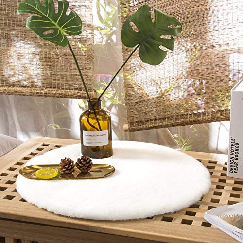 Teppich Wölkchen Fell Rund, Fellteppich Rund, Kunstfell Teppich Waschbar, Hasenfell, Kaninchenfell - Flauschiger Teppich Wohnzimmer, Bettvorleger Schlafzimmer - Weiss - Rund 30cm