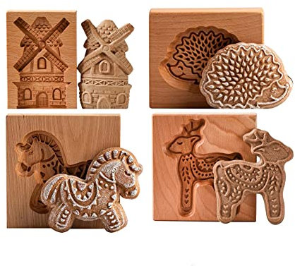 Cookie Cutter Carved Wooden Mould Press Cookie Mold, Cookie Cutter Embossing Mold, Wooden Biscuit Cutter Cookie Presses Stamps DIY Halloween Thanksgiving Christmas (4 Pcs.)