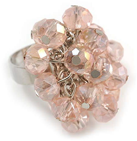 Avalaya Bague grappe de perles de verre rose clair en métal argenté - Réglable 7/8, Verre Métal