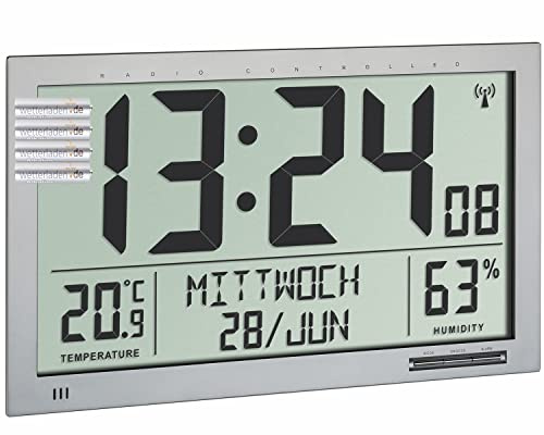 TFA Dostmann Digitale XL-Funk-Wanduhr mit Raumklima TFA 60.4517.54 (Silber mit Batterien)