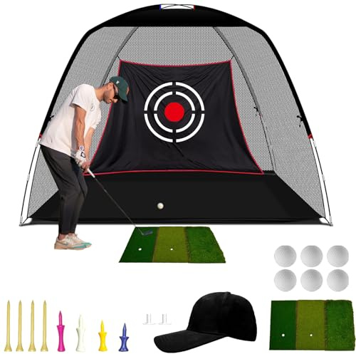 Kapler 12 x 7 FT Golf Practice Net Set with 3-in-1 Mat | A silent target plus six balls ten tees a turf mat cap and carry bag support quieter practice indoors or in the garden.