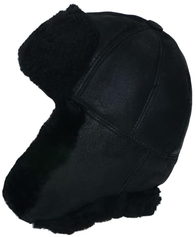 Bomber Ushanka Lederhut aus Montone Shearling für Herren, Pilotenmütze, Schneemann, mit Ohrenschützern (L), Schwarz, Large