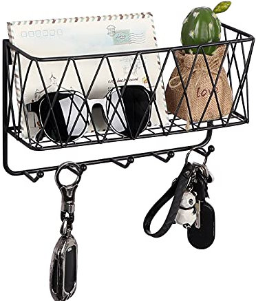 OROPY Schlüsselbrett für die Wand, Briefhalter mit 5 Haken, stabiler mattschwarzer Metallgitterkorb, 30×13,5×7cm Wandmontierte Schlüsselhalter für Eingang, Flur, Schlafzimmer, zur Wandmontage