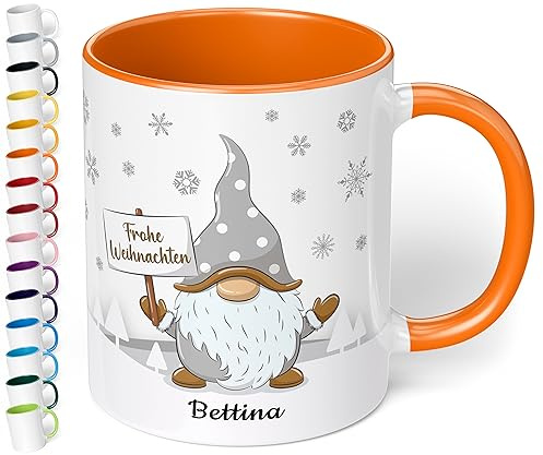 True Statements Weihnachtstasse mit Namen personalisiert „Frohe Weihnachten“ - mit Gold-Wichtel-Motiv - 330ml Keramik Kaffee-Becher mit Spruch – Geschenk zu Weihnachten (Orange)