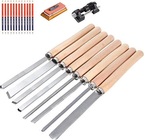 OITTo Lot de 8 Ciseaux à Bois Professionnels pour Tour à Bois Gouge en Acier au manganèse Comprenant des Crayons de Charpentier, Une Pierre à aiguiser, Un Guide d'affûtage