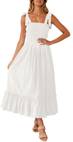 ZESICA Women's 2025 Summer Boho Spaghetti Strap Square Neck Solid Color Ruffle A Line Beach Long Maxi Dress,White,Medium