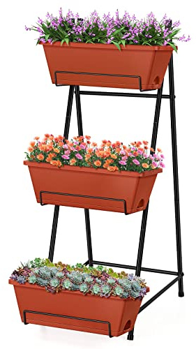 Vertical Raised Garden Bed Outdoor 3 Tiered Garden Planters Standing Elevated Planter Box with Drainage Holes for Plants Herbs Flowers Vegetables Brick Red