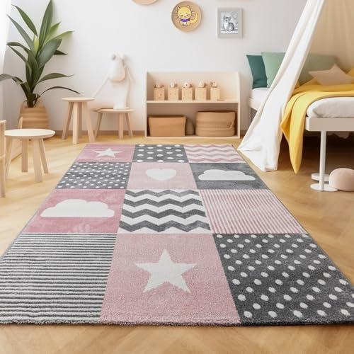 SIMPEX Kinderteppich Rosa Patchwork Design 140x200 cm Großer Teppich fürs Kinderzimmer Kuschelig & Liebevoll gestaltet