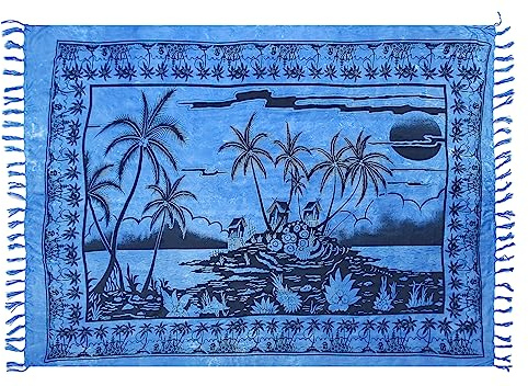SAIVONA Pareo Sarong Strandtuch Damen - Wickelrock Strand - Handtuch Blickdicht als Wickeltuch oder Handtuchkleid und Wickelkleid Damen - Handarbeit aus Fair Trade Herstellung Blau Insel Meer