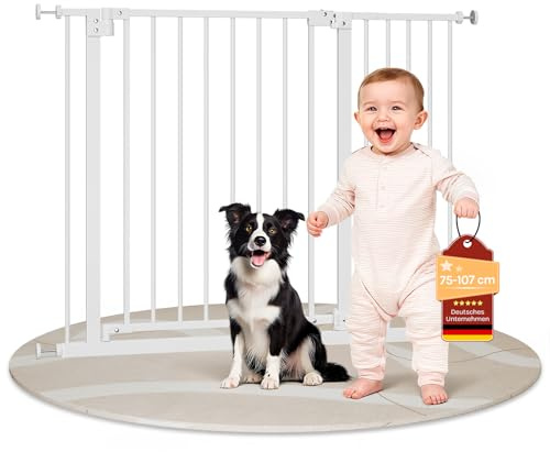 WOLTU Baby Türgitter Treppenschutzgitter, Türschutzgitter, Absperrgitter, 75-107 cm, mit/ohne Bohren, Auto-Close, 90° Stop, beidseitig schwenkbar, 2 Riegel, Metall, weiß