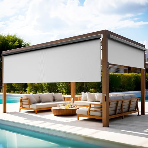 Outdoor Roller Shades for Patio with Valance, New Material Outdoor Blinds with 95% UV Blockout, Cordless Patio Roller Shades with Crank Handle for Balcony Porch, (6'W X 8'H), Gray